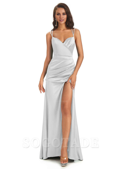 Sexy Soft Satin Side Slit Spaghetti Straps Long Maxi Mermaid Bridesmaid Dresses Elegant Evening Party Dress