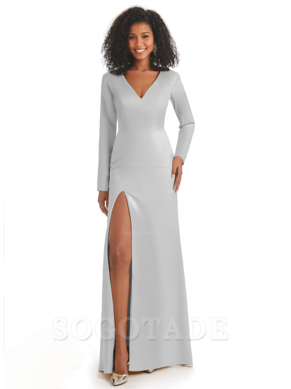 Soft Satin Side Slit Long Sleeves V-Neck Long African Mermaid Bridesmaid Dresses Elegant Evening Party Dress