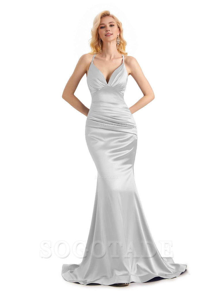 Elegant Soft Satin Mermaid Spaghetti Straps V-Neck Backless Long Bridesmaid Dresses Charming Evening Party Dress