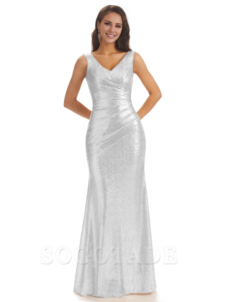 Sexy Sequin V-Neck Sparkly Long Mermaid Bridesmaid Dresses Charming Evening Party Dress