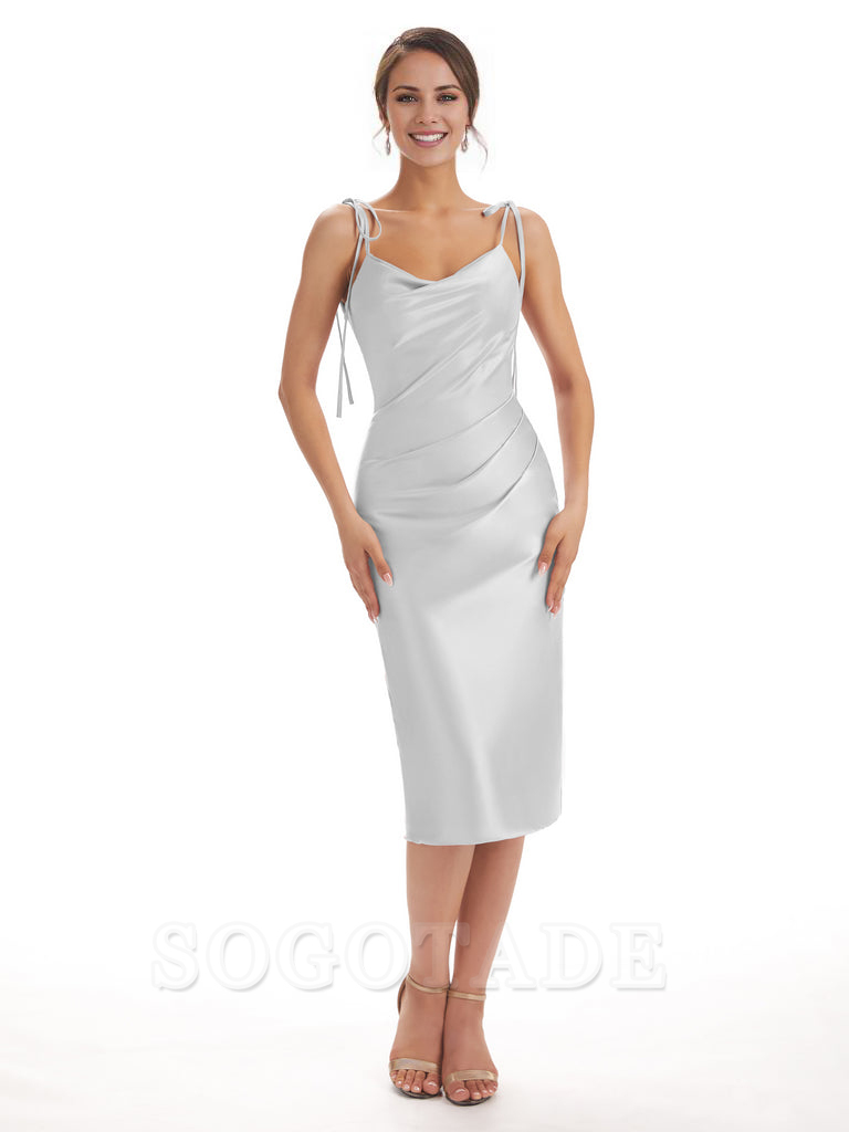 Tea Length Midi Short Bridesmaid Dresses Spaghetti Straps Satin Elegant Evening Party Dress