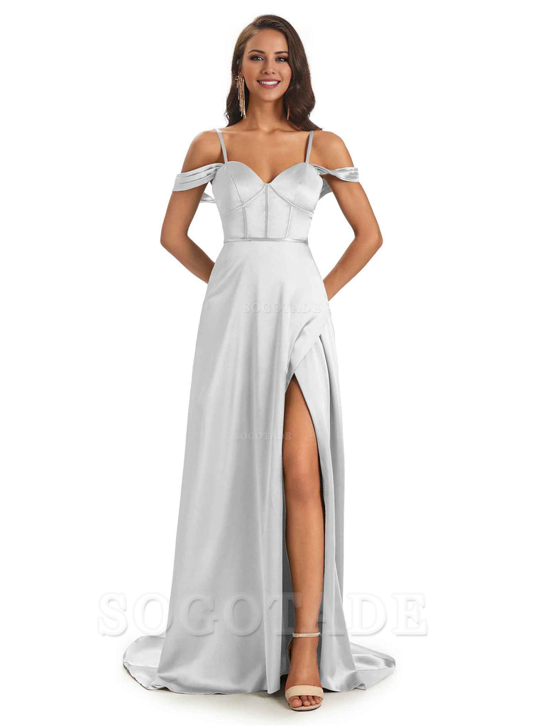 Stylish Soft Satin Side Slit Spaghetti Straps Bridesmaid Dresses Elegant Evening Party Dress