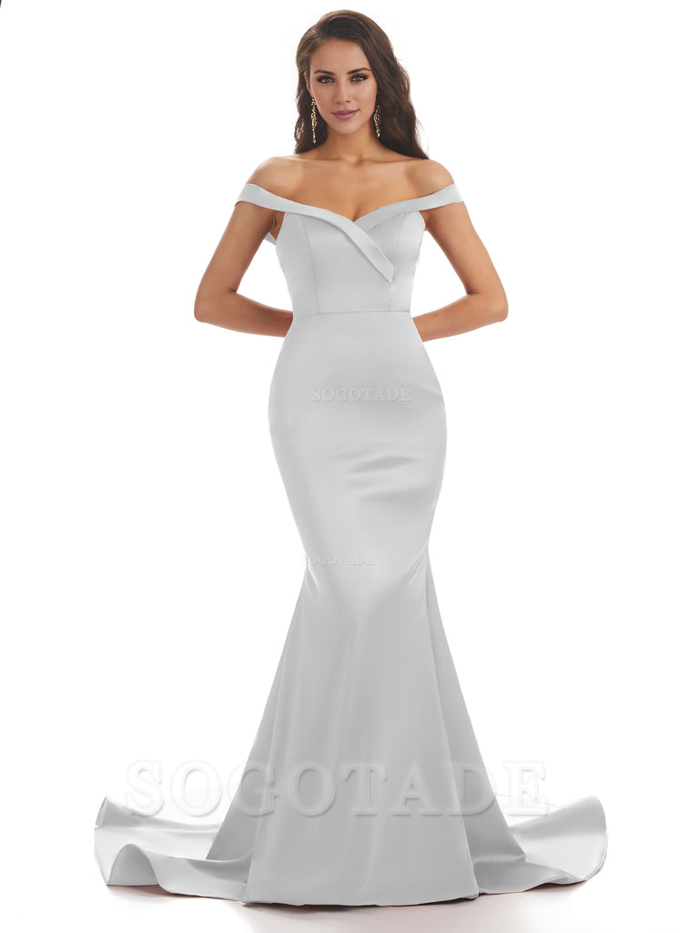 Elegant Off The Shoulder Soft Satin Mermaid Long Bridesmaid Dresses Charming Evening Party Dress