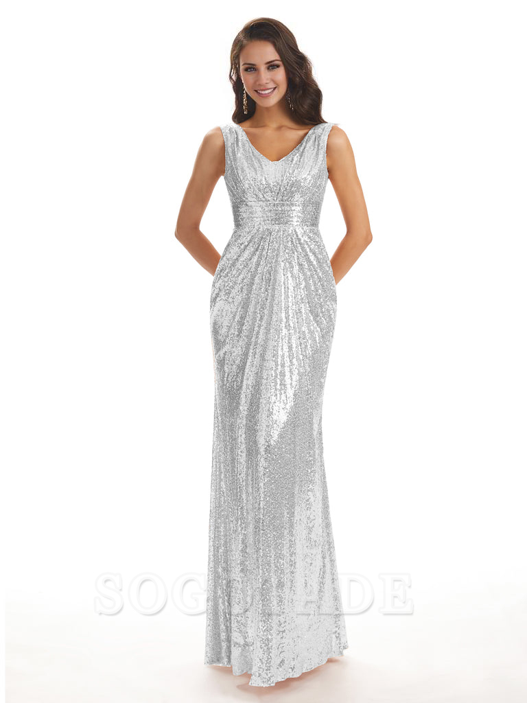 Sparkly V-Neck Sequin Long Mermaid Bridesmaid Dresses Sleeveless Charming Evening Party Dress