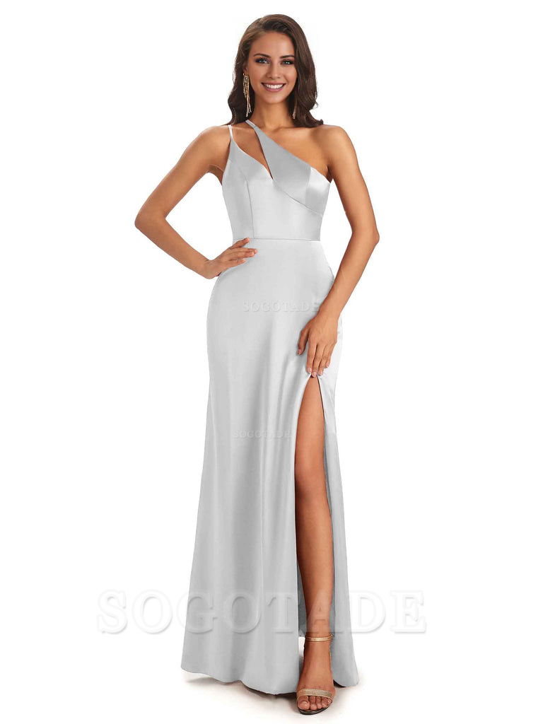 Sexy Soft Satin Side Slit One Shoulder Floor-Length Mermaid Long Bridesmaid Dresses Elegant Evening Party Dress