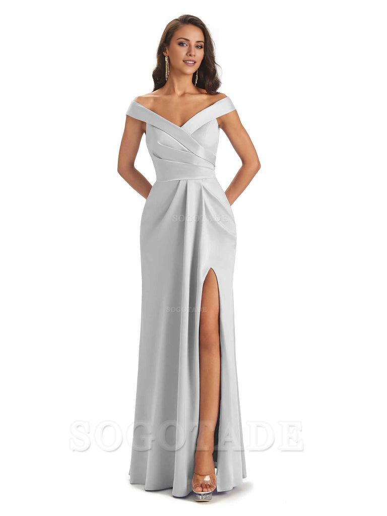 Sexy Soft Side Slit Off Shoulder V-Neck Long Satin Ladies Bridesmaid Dresses Elegant Evening Party Dress