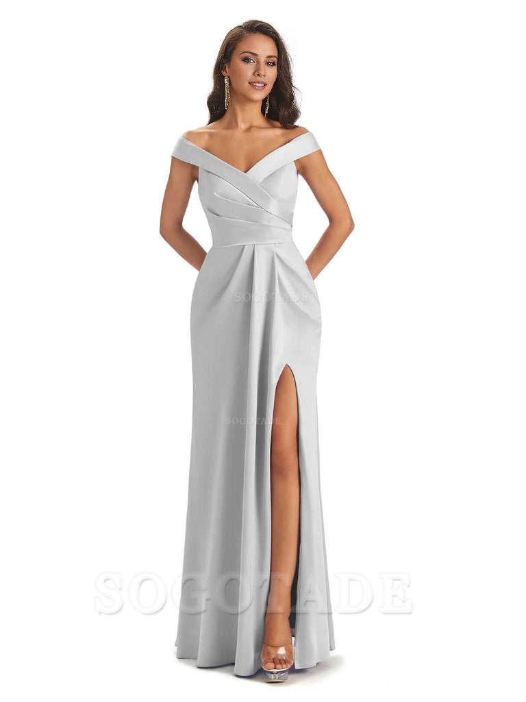 Sexy Soft Side Slit Off Shoulder V-Neck Long Satin Ladies Bridesmaid Dresses Elegant Evening Party Dress