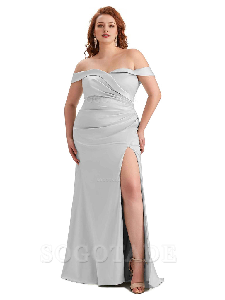 Sexy Side Slit Off Shoulder Mermaid Soft Satin Long Plus Size Bridesmaid Gowns For Wedding