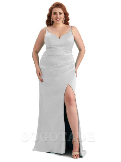 Sexy Side Slit Spaghetti Straps Mermaid Soft Satin Long Plus Size Maid of Honor Dresses