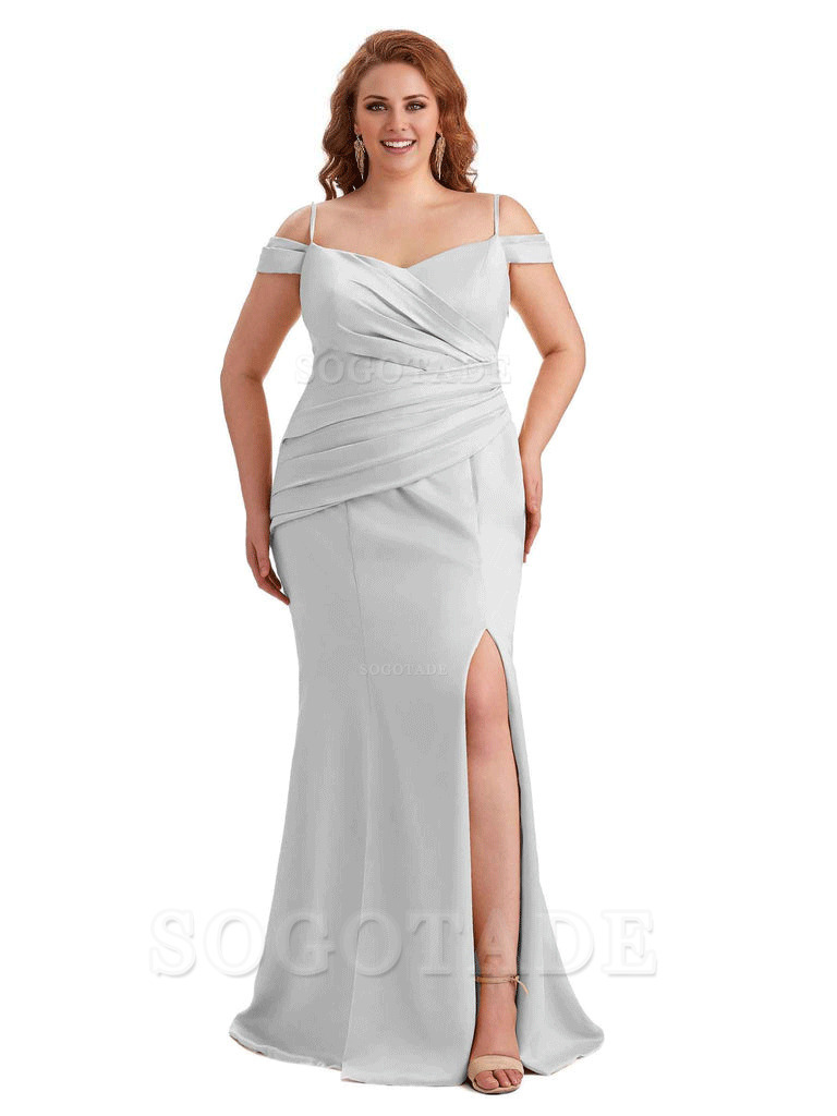 Elegant Cold Shoulder Side Slit Mermaid Soft Satin Long Plus Size Bridesmaid Gowns
