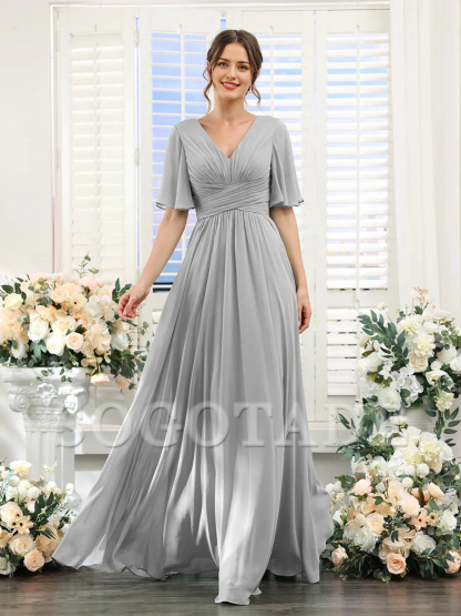 A-shaped V-shaped leader bridesmaid dress, suitable for wedding guests, long chiffon formal slit party dress