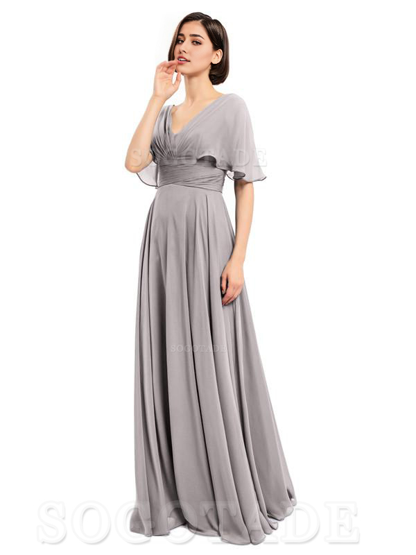  V-Neck Cap Sleeves Sleeves Chiffon Long Elegant Bridesmaid Dresses Formal Wear Dresses