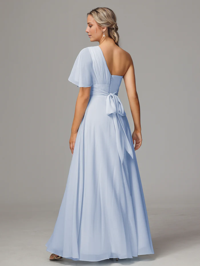 Asymmetric collar single sleeve pleated chiffon side slit and floor length bridesmaid dress