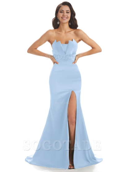 Mermaid sleeveless Satin formal dresses evening gown Bridesmaid Dresses With Side Slit 
