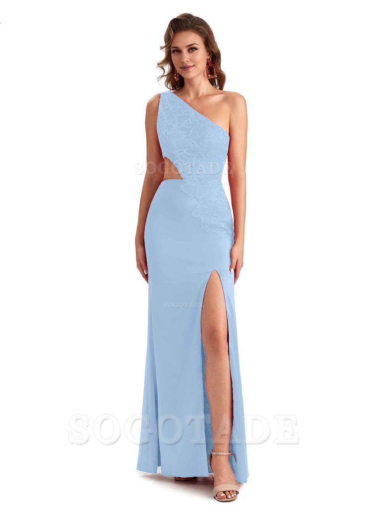 Sexy Side Slit Mermaid Lace Silky Satin One Shoulder Chic Long Bridesmaid Dresses