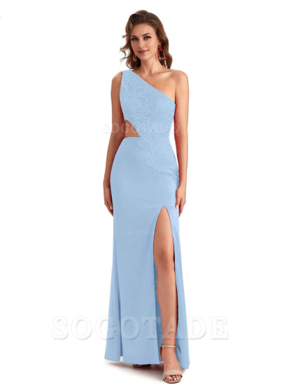Sexy Side Slit Mermaid Lace Silky Satin One Shoulder Chic Long Bridesmaid Dresses