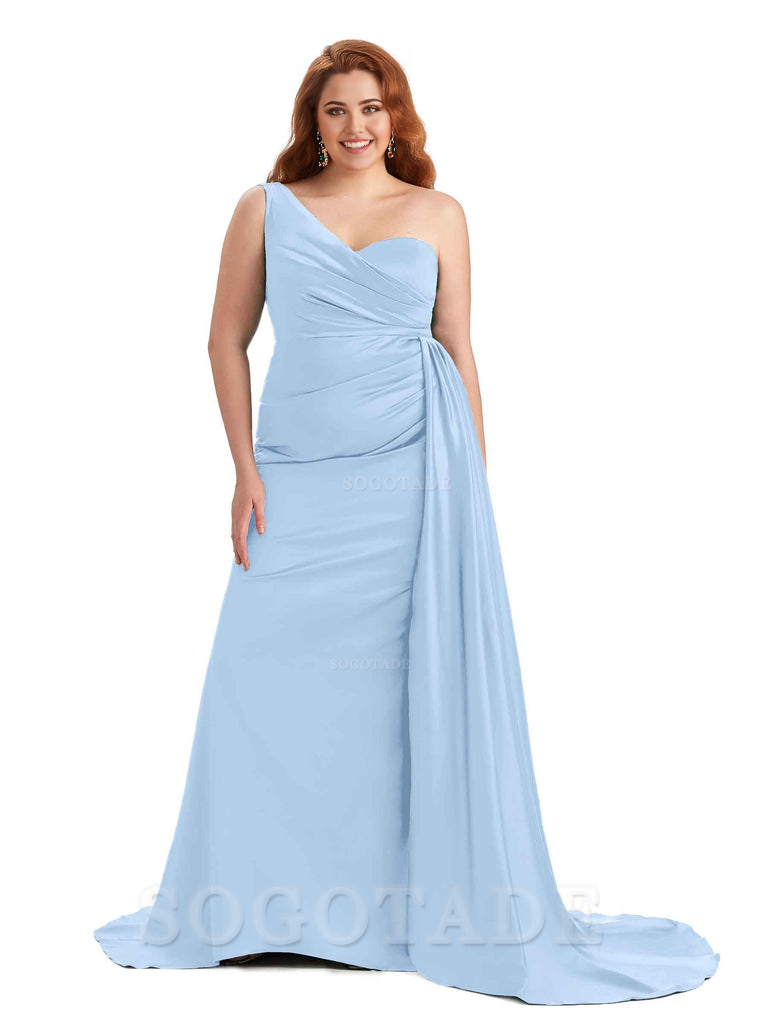 Sexy One Shoulder Sleeveless Mermaid Soft Satin Long Plus Size With Train Bridesmaid Gowns