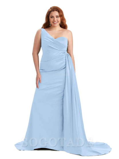 Sexy One Shoulder Sleeveless Mermaid Soft Satin Long Plus Size With Train Bridesmaid Gowns