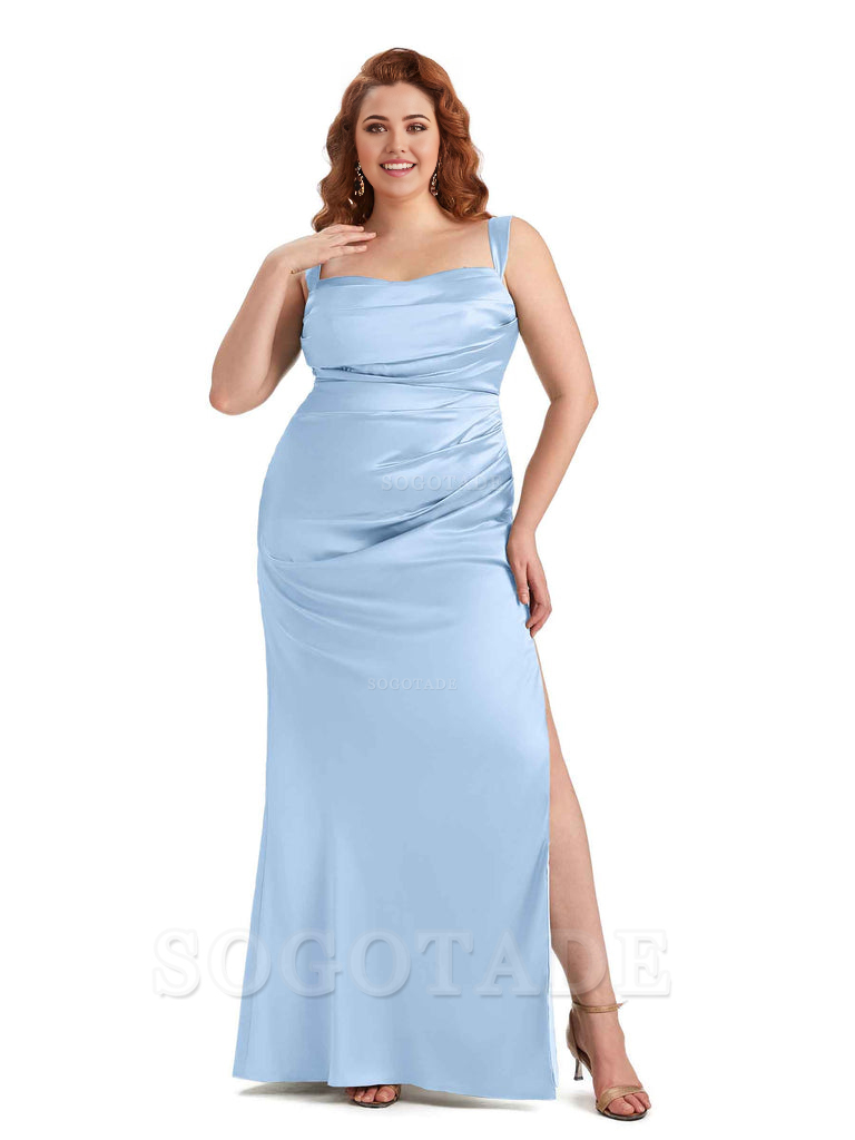 Sexy Side Slit Mermaid Wide Straps Soft Satin Long Plus Size Maid of Bridesmaid Dresses