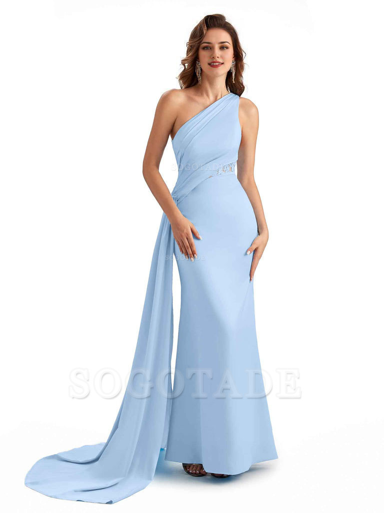 Sexy Mermaid Silky Satin One Shoulder Lace See Through Long Bridesmaid Dresses Online