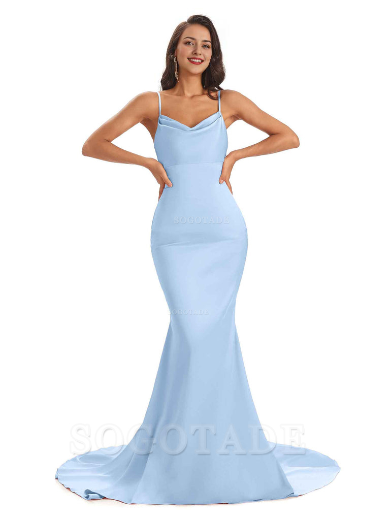 Sexy Backles Soft Satin Spaghetti Straps Maxi Mermaid Bridesmaid Dresses Online prom shop dresses