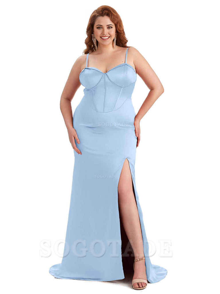 Sexy Spaghetti Straps Side Slit Sleeveless Mermaid Soft Satin Long Bridesmaid Dress Plus Size Dress To Wear to a Wedding