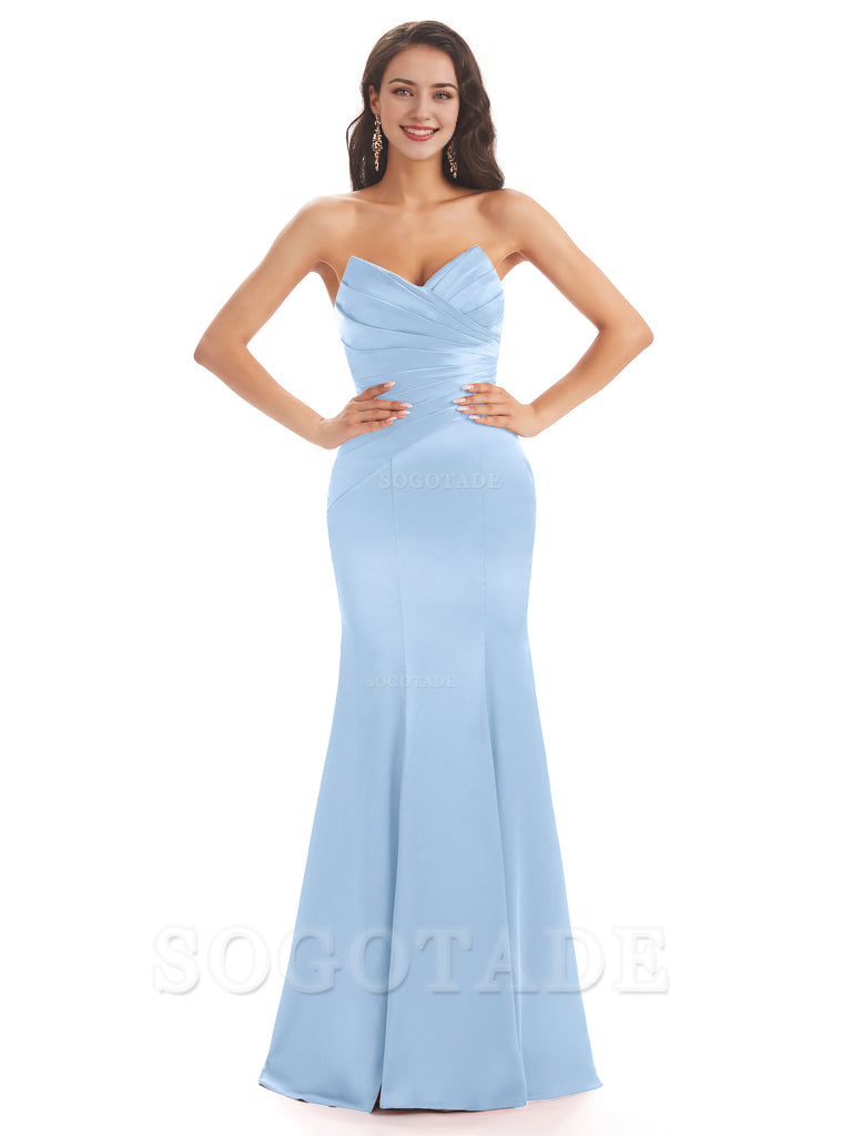 Simple Strapless Sweetheart Soft Satin Mermaid Long Bridesmaid Dresses prom shop dresses