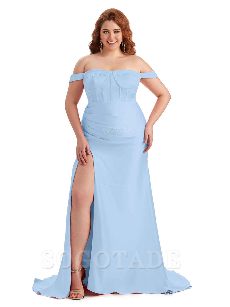 Elegant Off The Shoulder Side Slit Mermaid Soft Satin Floor Length Long Plus Size Bridesmaid Gowns