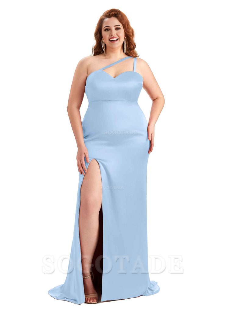 Sexy Side Slit Sleeveless Mermaid One Shoulder Soft Satin Long Plus Size Bridesmaid Dress For Wedding