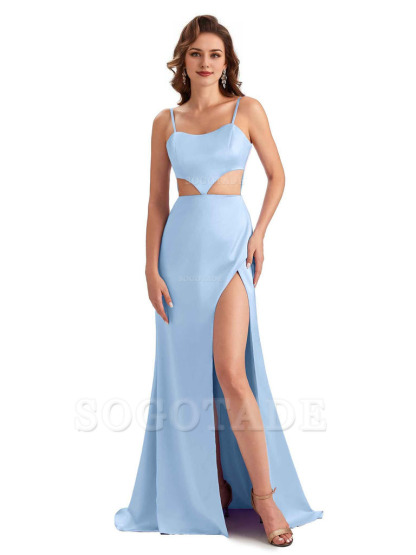 Sexy Satin Side Slit Spaghetti Straps Mermaid Long Unique Curve Wedding Guest Dresses