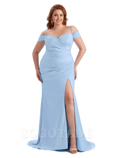 Sexy Side Slit Sleeveless Cold Shoulder Mermaid Soft Satin Long Plus Size Maid of Honor Dresses