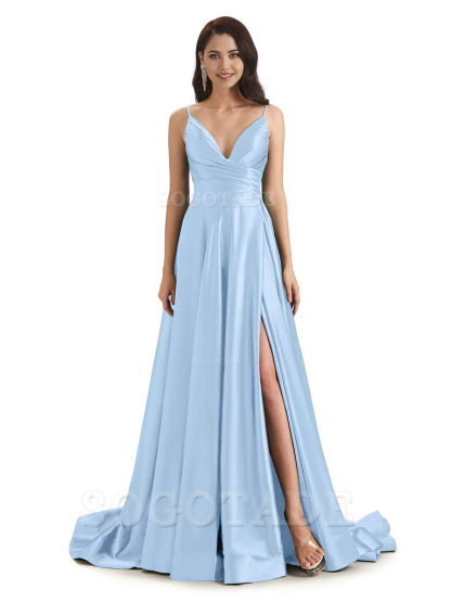 Spaghetti Straps Satin formal dresses evening gown Bridesmaid Dresses With Side Slit 