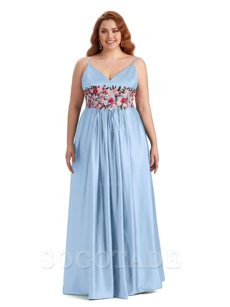 Unique Lace Spaghetti Straps Sleeveless Soft Satin Long Plus Size Bridesmaid Dress For Wedding