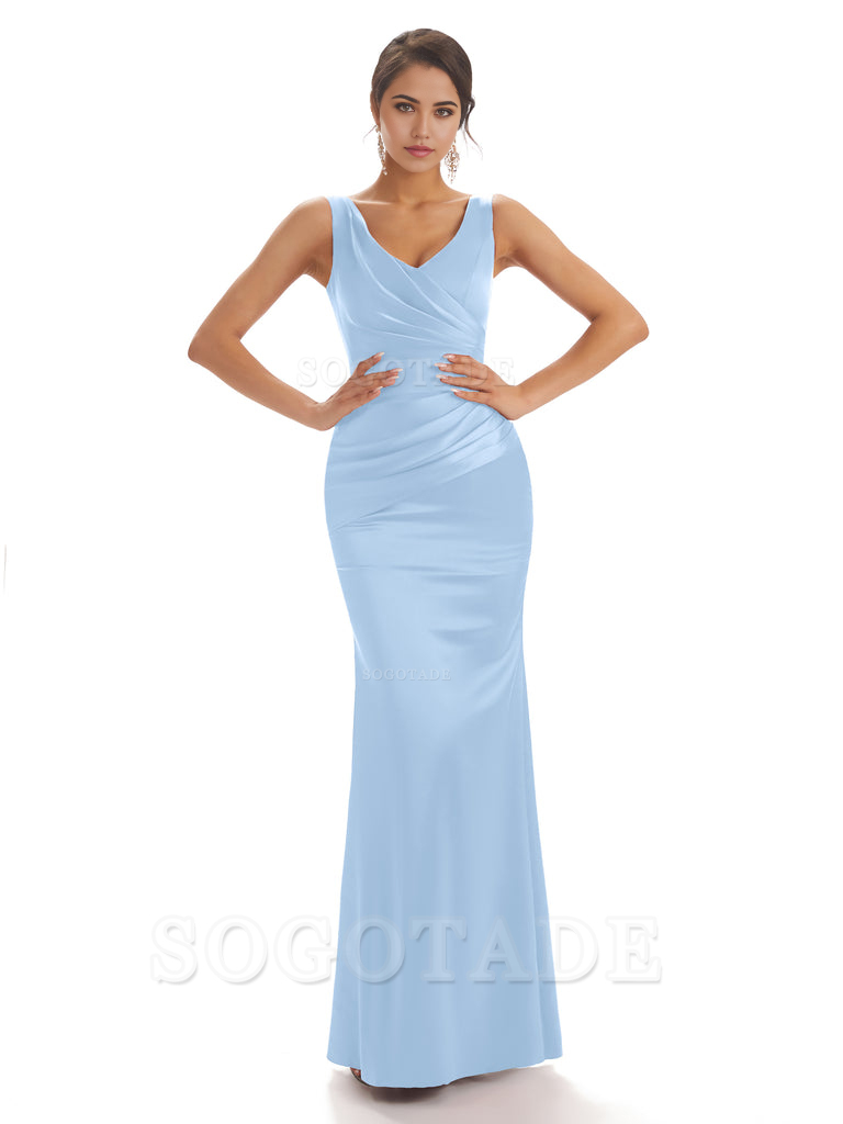 Sheath Sleeveless V-neck Floor-Length Satin formal dresses evening gown Bridesmaid Dresses With Pleats 
