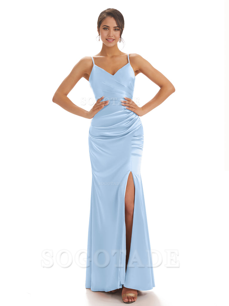 Spaghetti Straps Pleats Satin formal dresses evening gown Bridesmaid Dresses With Side Slit 