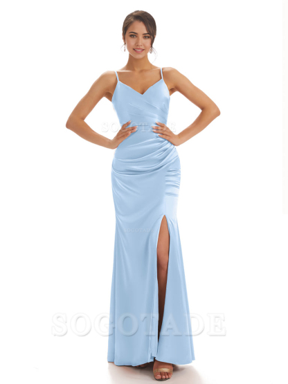 Spaghetti Straps Pleats Satin formal dresses evening gown Bridesmaid Dresses With Side Slit 