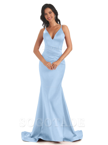 Mermaid Spaghetti V-Neck Straps Satin Long formal dresses evening gown Bridesmaid Dresses With Side Slit 