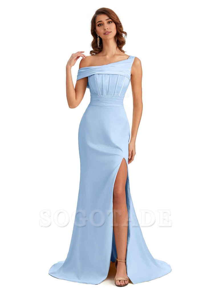 Elegant Asymmetrical Neck Soft Satin Side Slit Long Mermaid Bridesmaid Dresses