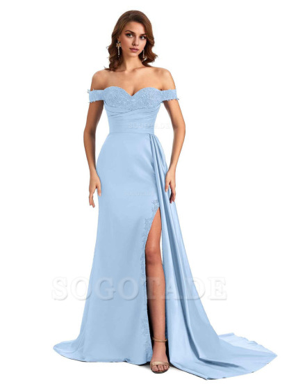 Sexy Off The Shoulder Mermaid Side Slit Silky Satin Long Bridesmaid Dress For Wedding