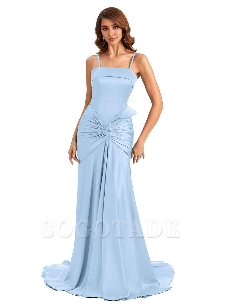 Sexy Mermaid Spaghetti Straps Silky Satin Unique Long Bridesmaid Dress For Wedding