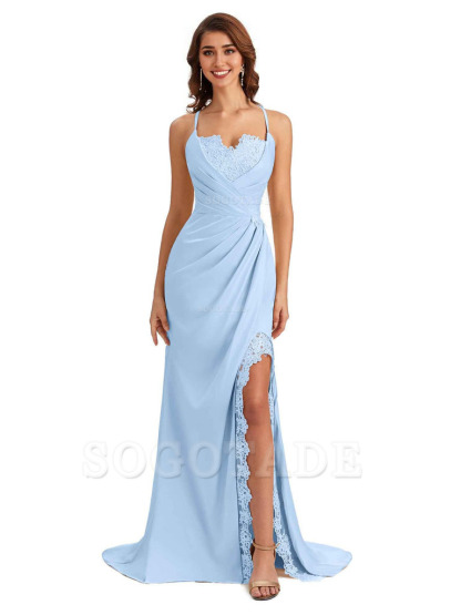 Sexy Side Slit Spaghetti Straps Lace Mermaid Silky Satin Wedding Guest Dresses