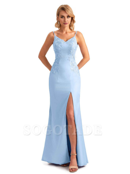 Sexy Side Split Mermaid Spaghetti Straps Soft Satin Unique Lace Long Bridesmaid Dresses