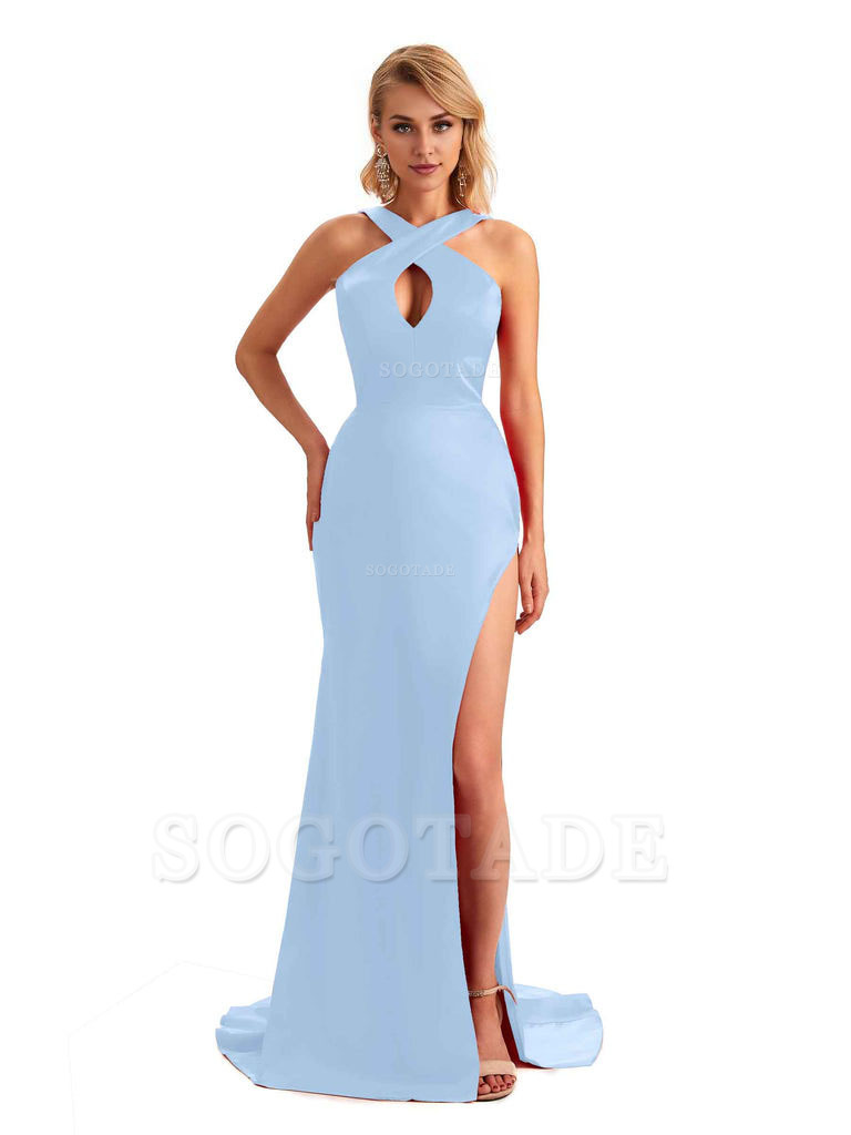 Sexy Side Slit Halter Mermaid Silky Satin Unique Long Formal Wedding Bridesmaid Dresses