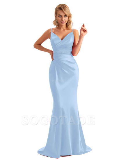  Sexy Backless Mermaid Spaghetti Straps Unique Long Formal Satin Dress For Women