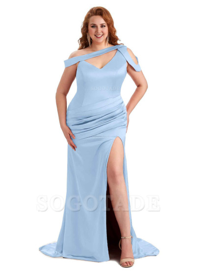 Sexy V-Neck Side Slit Unique Mermaid Soft Satin Long Plus Size Bridesmaid Dress For Wedding