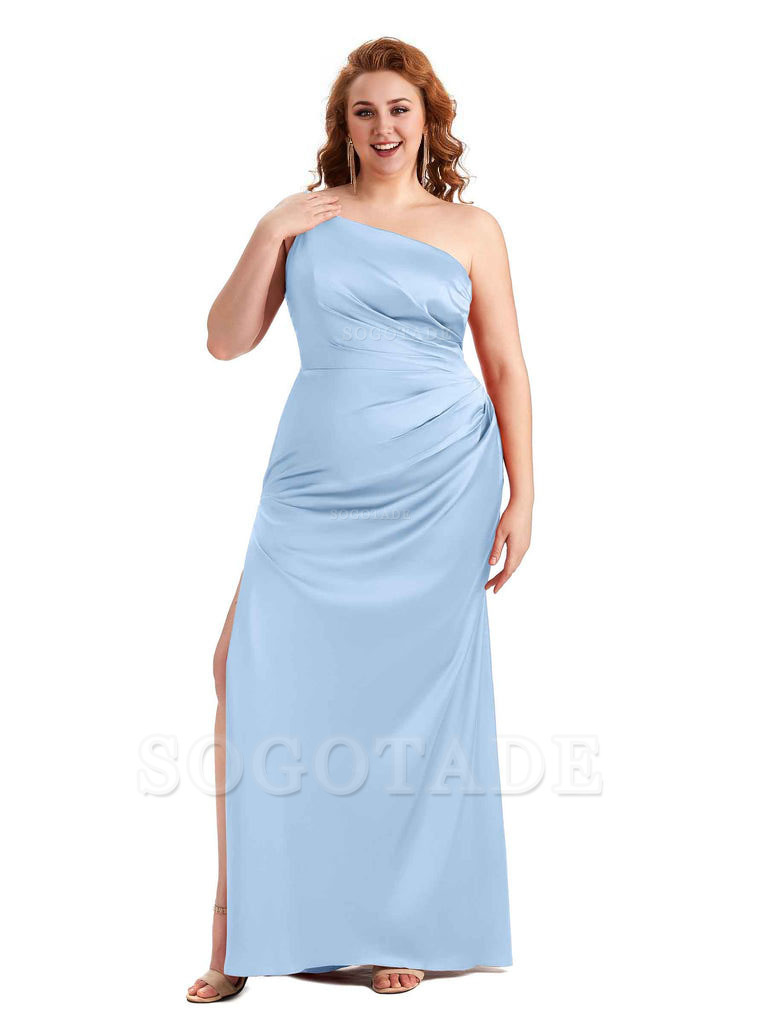 Sexy Side Slit One Shoulder Mermaid Soft Satin Long Plus Size Maid of Honour Dresses