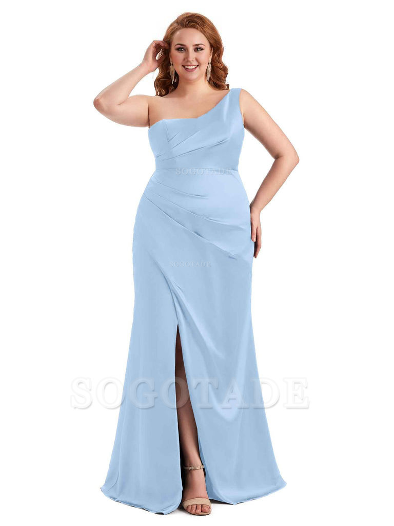 Sexy Side Slit One Shoulder Mermaid Long Plus Size Satin Maxi Dresses