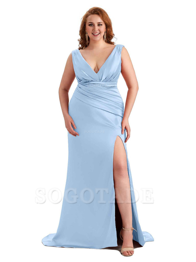 Elegant V-neck Side Slit Mermaid Soft Satin Long Plus Size Bridesmaid Dress For Wedding