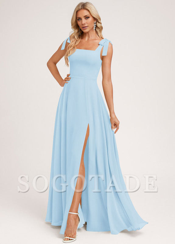 A-shaped square bow landing chiffon bridesmaid dress
