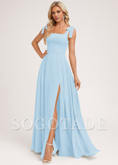 A-shaped square bow landing chiffon bridesmaid dress